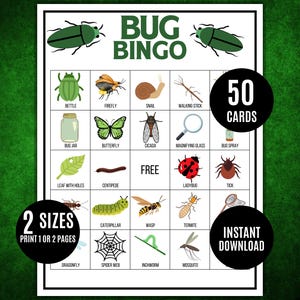 Bug Bingo Game: 50 Unique Printable Cards, Nature Activity (Digital Download)