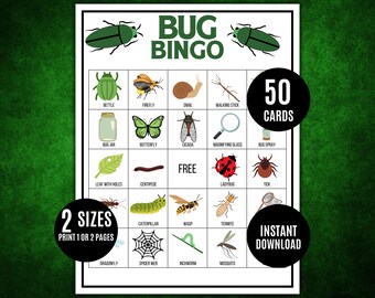 Bug Bingo Game: 50 Unique Printable Cards, Nature Activity (Digital Download)