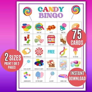 Afdrukbare snoepbingo, 75 snoepbingokaarten, snoepjesbingo, snoepactiviteit, snoepfeestspel, verjaardagsfeestje snoepthema, snoepthema