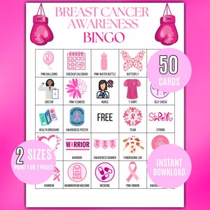 May include: A pink and white Breast Cancer Awareness Bingo game card. The card features illustrations of pink ribbons, medical symbols, and the text "Breast Cancer Awareness Bingo." Includes the text "50 Cards," "2 Sizes," and "Instant Download."