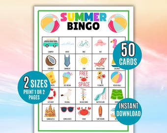 Bingo de verano, 50 tarjetas de bingo imprimibles para días de playa, imprimible para niños, juego de fiesta de verano, actividad de bingo, juego de verano, bingo de vacaciones de verano