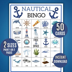 Nautische Bingokarten, 50 druckbare Wasserboot-Bingokarten, Kinder druckbar, Bootsspiel, Urlaubs-Bingo-Aktivität, Sommerspiel, Kreuzfahrt-Bingo