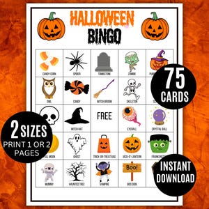Bingo di Halloween, 75 cartelle del bingo stampabili, gioco spettrale per feste, attività di Halloween in classe, bingo &quot;dolcetto o scherzetto&quot; per bambini, divertimento per le feste autunnali