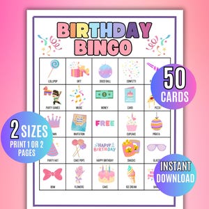 Bingo urodzinowe, 50 kart bingo urodzinowe, przyjęcie urodzinowe, gra urodzinowa, gra na przyjęcie urodzinowe, gra na przyjęcie urodzinowe dla dziewcząt, przyjęcie urodzinowe dla dzieci