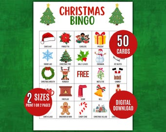 Printable Christmas Bingo Game – 50 Christmas Bingo Festive Family Party Game, Classroom Activity, Kids Holiday Party Bingo, Winter Activity