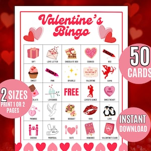 Valentinstag Bingo, 50 Valentinstag Bingokarten, Valentinstag Spiel, Liebe Bingo Spiele, bedruckbar, Aktivitäten im Klassenzimmer, Kinder Gruppenspiele