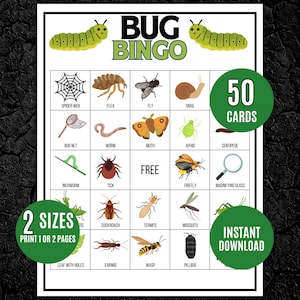 Pode incluir: Um cartão de jogo Bug Bingo com ilustrações coloridas de vários insetos e itens relacionados. O jogo inclui o texto "Bug Bingo", "50 cartas", "2 tamanhos" e "Download instantâneo". O fundo é preto.