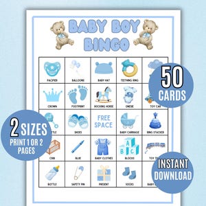 Bingo bébé garçon, 50 cartes de jeu de bingo pour bébé garçon, jeu de bingo pour baby shower, baby shower, activité baby shower, imprimable bingo bébé, c'est un garçon