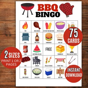Op de afbeelding: BBQ Bingo-spelkaart met illustraties van grillartikelen zoals een grill, een hamburger en een watermeloen. De kaart bevat de tekst "BBQ Bingo", "75 kaarten", "2 maten" en "Direct downloaden".