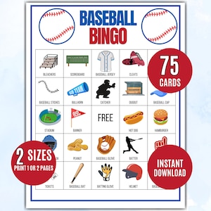 Baseball Bingo Cards Printable: 75 Sports Bingo Sheets, Kids Party Game (PDF Download