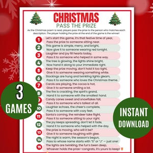 May include: A festive Christmas game with the title "Christmas Pass the Prize" on a red background. The game includes a poem with instructions and is marked with the text "3 Games" and "Instant Download".