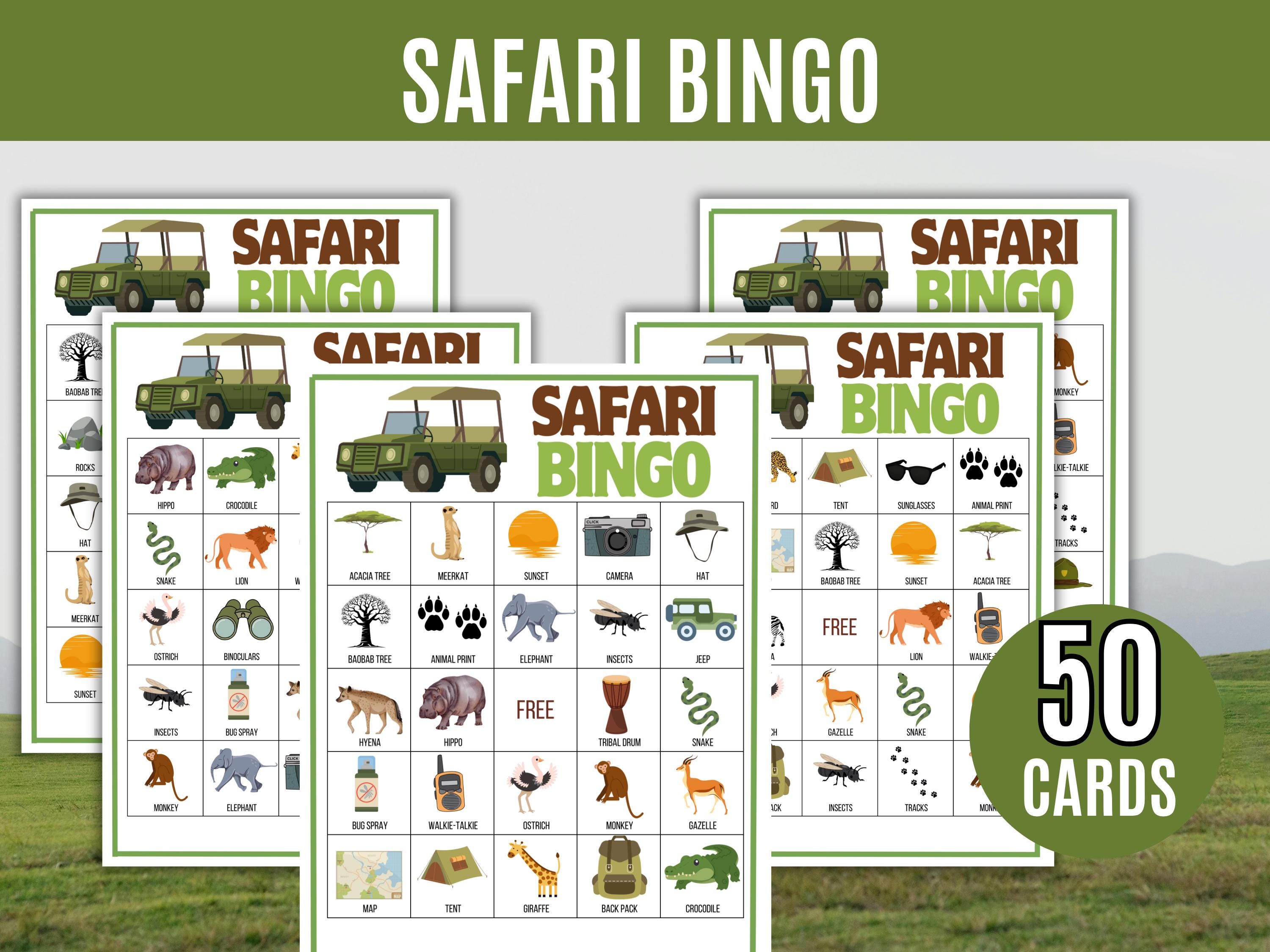 Safari Bingo, 50 Printable Safari Bingo Cards, Jungle Adventure Game ...