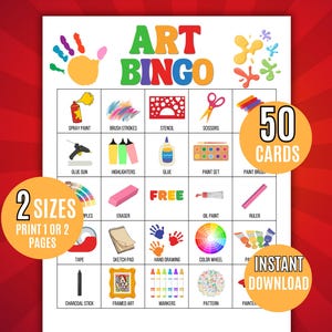 Tarjetas de bingo de arte, 50 imprimibles para fiestas, temáticas de arte, imprimibles para niños, juego de fiesta, actividad de bingo, juegos de arte, bingo de actividades artísticas, cerámica