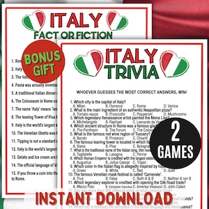 Puede incluir: Dos hojas de juego imprimibles con los títulos "Italia Hecho o Ficción" e "Italia Trivia". El juego de trivia incluye preguntas sobre la cultura, la historia y la cocina italianas. Se incluye un círculo rojo con "Bonus Gift". La palabra "Descarga instantánea" está en la parte inferior.