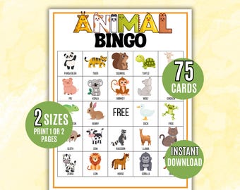 Animal Bingo Game, 75 Animal Bingo Cards Printable, Kids Printable, Zoo Bingo Game, Bingo Activity, Zoo Field Trip Game, Animal Themed Bingo