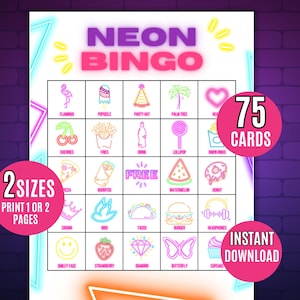 Bingo de neón, 75 tarjetas de bingo de neón para imprimir, cumpleaños de neón, juegos de cumpleaños, cumpleaños para niñas, juego de fiesta luminosa, fiesta de cumpleaños para niños