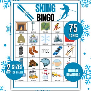 May include: Skiing Bingo game card with winter-themed illustrations, including a fireplace, ski poles, and a snowman. The card features the text "Skiing Bingo", "75 Cards", "2 Sizes", and "Digital Download".