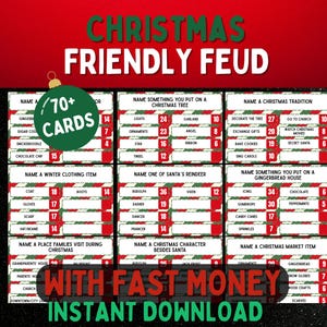 Op de afbeelding: Een kerstthema spelbord genaamd "Christmas Friendly Feud" met meerdere vragenkaarten. Het spel bevat categorieën zoals kersttradities en winterkleding. De afbeelding bevat de tekst "Instant Download".