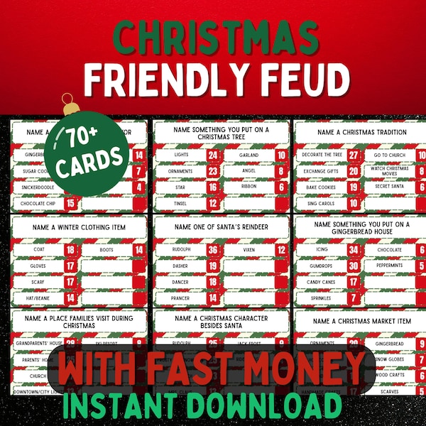 Juego de disputas navideñas amistosas, Juego de disputas familiares imprimible para las fiestas navideñas, Juego para fiestas navideñas, Ronda rápida de dinero, Tarjetas de preguntas, Actividad navideña para el aula