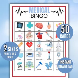 Bingo médical, 50 cartes de bingo médical imprimables, bingo médecin, bingo infirmière, remise des diplômes d'infirmière, retraite d'infirmière, jeu de médecin