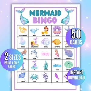 Zeemeerminbingo, 50 afdrukbare zeemeerminbingokaarten, zeemeerminactiviteit voor kinderen, zeemeerminfeestspellen, zeemeerminbingospel, zeemeerminfeest