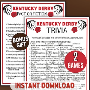 May include: Two printable Kentucky Derby trivia games and a fact or fiction game are displayed. The games feature a horse head logo and red rose accents. The text includes trivia questions and answers, and the words "Bonus Gift" and "Instant Download".
