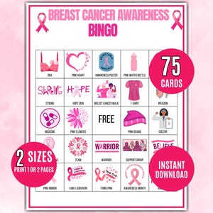 May include: A pink and white Breast Cancer Awareness Bingo game board with various themed images and text. The game includes 75 cards and is available in 2 sizes. The words "Breast Cancer Awareness Bingo" are at the top.