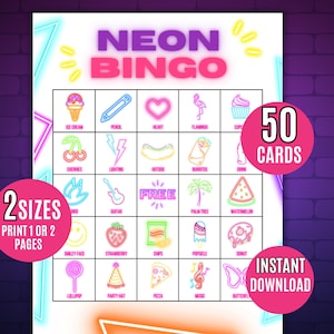 Bingo néon, 50 cartes de bingo néon imprimables, anniversaire néon, jeux d'anniversaire, anniversaire pour filles, jeu de fête phosphorescente, fête d'anniversaire d'enfants