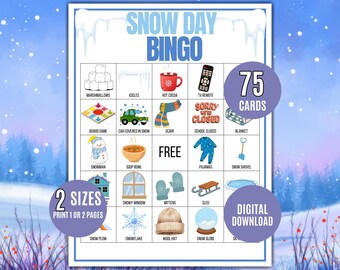 Schnee Tag Bingo Spiel, 75 druckbare Winter Bingokarten, Indoor Kinder Aktivität, Familien Schnee Tag Spaß, Klassenzimmer Winter druckbar, gemütliches Schnee Spiel