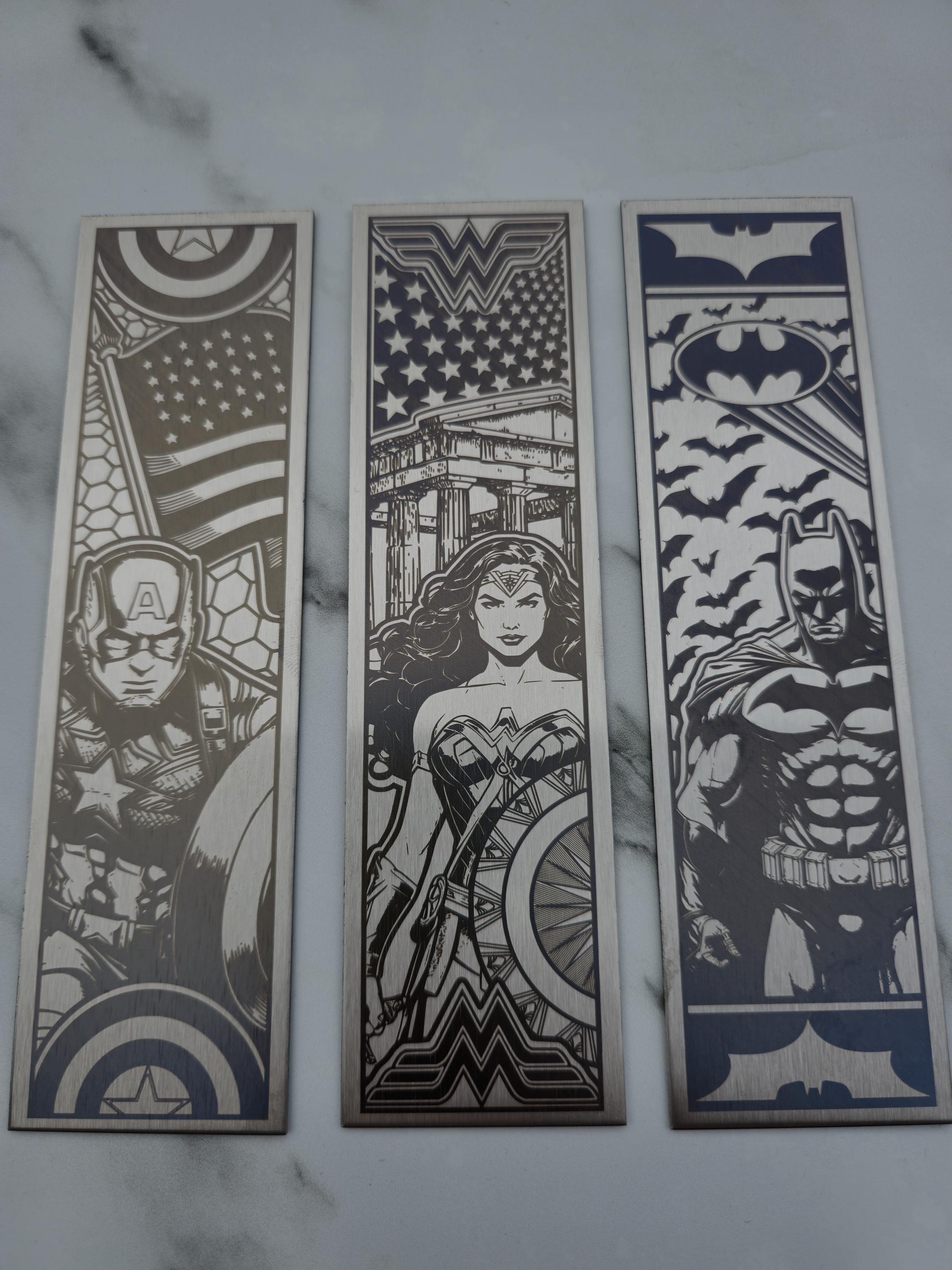 Superhero Stainless Steel Bookmarks - Captain America, Wonder Woman & Batman designs