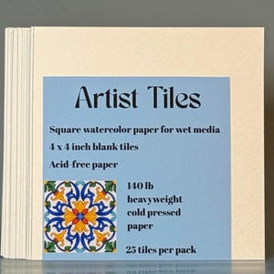 May include: A stack of square watercolor paper tiles. The label reads "Artist Tiles" and describes the paper as 4 x 4 inch blank tiles, acid-free, 140 lb heavyweight, cold pressed paper. The label also states there are 25 tiles per pack.