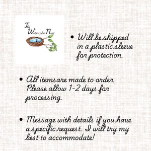 May include: The Watercolor Nest logo features a bird's nest with blue eggs and green leaves. The text 'The Watercolor Nest' is written in cursive above the nest. The image also includes text about shipping, processing time, and custom orders.