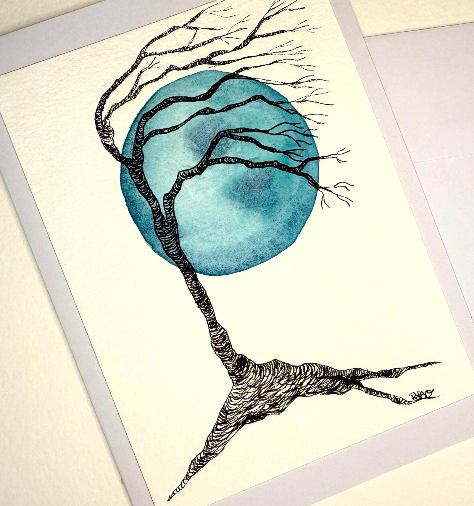 Hand Painted Watercolor Halloween Card, Creepy Tree, Big Blue Moon, Ink ...