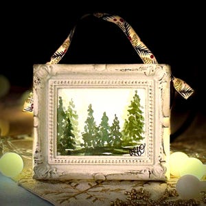 Small watercolor painting, pine tree forest, tiny framed hostess gift