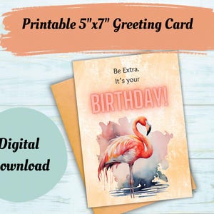 Biglietto di auguri di compleanno stampabile, disegno di fenicottero ad acquerello, biglietto di auguri tropicale, biglietto per festa sull'isola, biglietto di auguri digitale scaricabile, festa in spiaggia