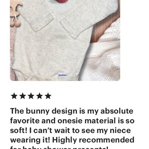 May include: A grey long-sleeved onesie with a brown bunny appliqu&eacute;. The onesie is made of soft material and is perfect for a baby shower gift.