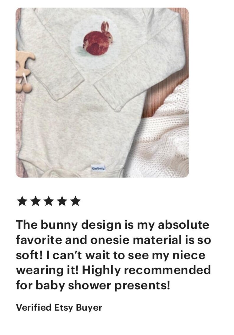 May include: A grey long-sleeved onesie with a brown bunny appliqu&eacute;. The onesie is made of soft material and is perfect for a baby shower gift.
