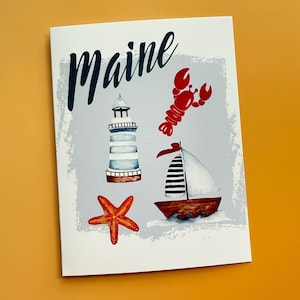 Maine lobster greeting card, lighthouse note card, blank inside nautical watercolor card print, starfish and lighthouse, State of Maine card