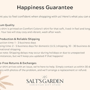 May include: Cream-colored graphic with the text "Happiness Guarantee" and details about product quality, production, and returns. The Salt's Garden Christian Gift Store logo is at the bottom.
