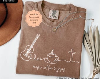 Custom Music Coffee Jesus Shirt Comfort Colors Personalized Christian Minimalist Line Art Tee Church Choir Group Worship Music Ministry Gift