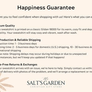 May include: A cream-colored graphic with the text "Happiness Guarantee" at the top. The text describes the quality, production, shipping, and return policies of a Christian gift store. The store's logo is at the bottom.