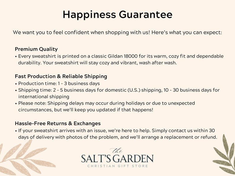 May include: A cream-colored graphic with the text "Happiness Guarantee" at the top. The text describes the quality, production, shipping, and return policies of a Christian gift store. The store's logo is at the bottom.