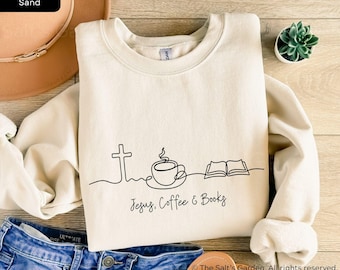 Jesus Coffee Books Christian Sweatshirt, Religious Minimalist Line Drawing Sweater, Faith Gift Women Men Shirt, Coffee & Book Lover Gift