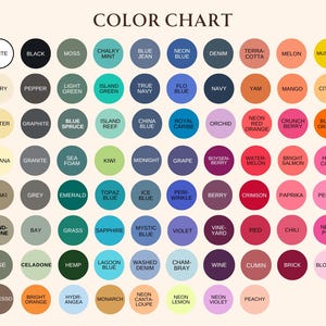 May include: A color chart featuring a variety of hues, each displayed in a circular shape with the color name underneath. Colors range from white and black to neon pink and peachy.
