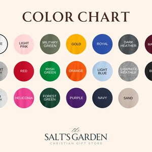 May include: A color chart with a variety of colors, including white, pink, green, gold, blue, and maroon. The text "COLOR CHART" is at the top. The Salt's Garden Christian Gift Store logo is at the bottom.