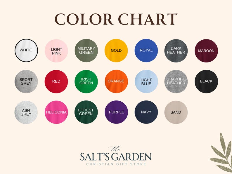 May include: A color chart with a variety of colors, including white, pink, green, gold, blue, and maroon. The text "COLOR CHART" is at the top. The Salt's Garden Christian Gift Store logo is at the bottom.