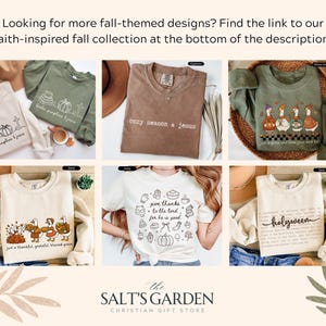 K&ouml;nnte beinhalten: Eine Kollektion von Herbstbekleidung, darunter Sweatshirts und T-Shirts. Die Designs zeigen saisonale Grafiken, Text und religi&ouml;se Themen. Der Text enth&auml;lt "cozy season & Jesus", "just a thankful, grateful blessed goose", "give thanks to the lord for he is good" und "holyween".