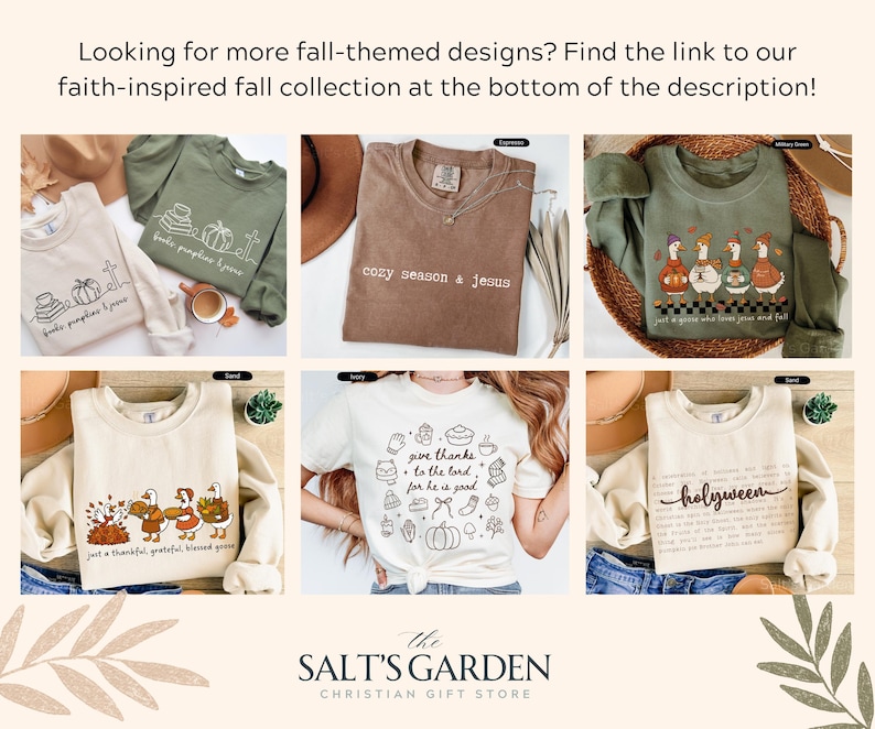 K&ouml;nnte beinhalten: Eine Kollektion von Herbstbekleidung, darunter Sweatshirts und T-Shirts. Die Designs zeigen saisonale Grafiken, Text und religi&ouml;se Themen. Der Text enth&auml;lt "cozy season & Jesus", "just a thankful, grateful blessed goose", "give thanks to the lord for he is good" und "holyween".