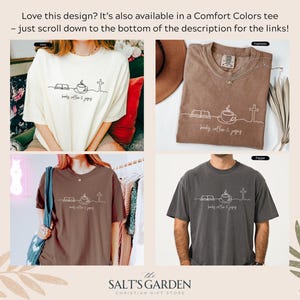 May include: Ivory, espresso, brown, and pepper-colored t-shirts with a line drawing of a book, coffee cup, and cross. The text "books, coffee & Jesus" is below the graphic. The Salt's Garden Christian Gift Store logo is at the bottom.