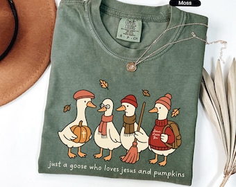 Camiseta cristiana de otoño con calabaza de ganso y Jesús de Comfort Colors®, camiseta retro con el amor de Jesús, camiseta cristiana de otoño para Acción de Gracias, camiseta para mujer con un regalo de fe